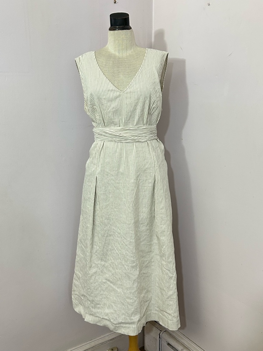 Lafayette 148 New York Cream and Pale Green Striped V-Neck Midi Dress
